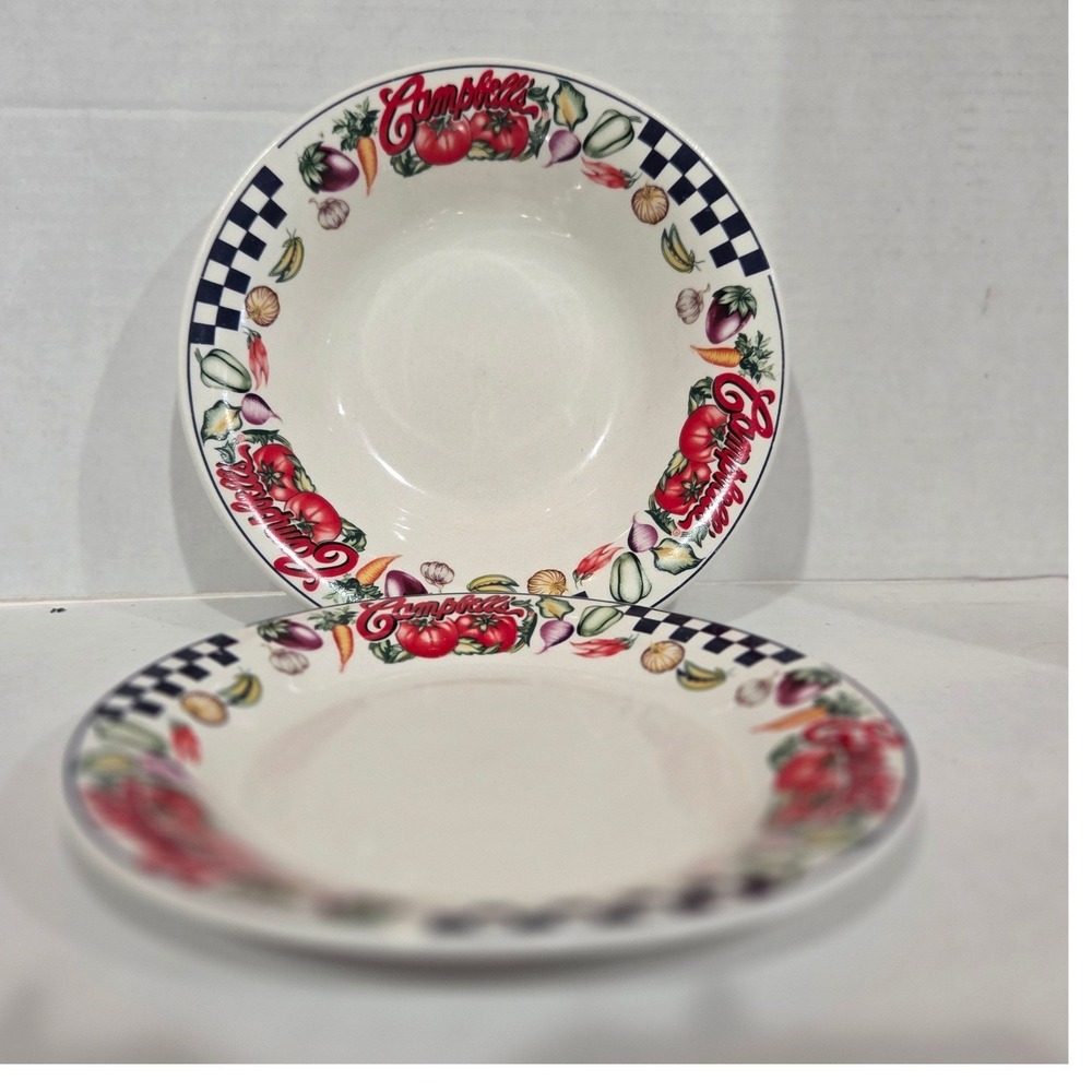 Vintage 1997 Gibson Campbells Soup Bowls Set of 2 Vegetable Checkered Americana